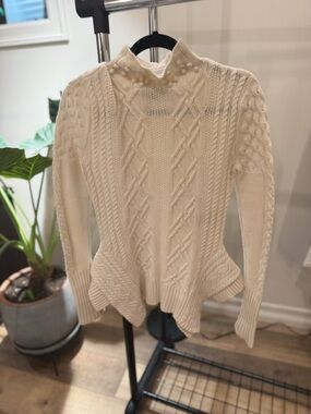 BCBGMaxAzria Cream Cable-Knit Peplum Turtleneck Sweater